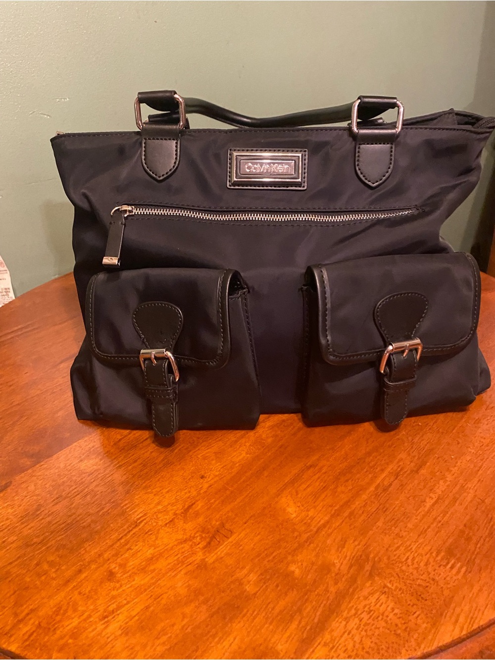 Calvin Klein Black Nylon Messenger Tote with Front Buckle Pockets